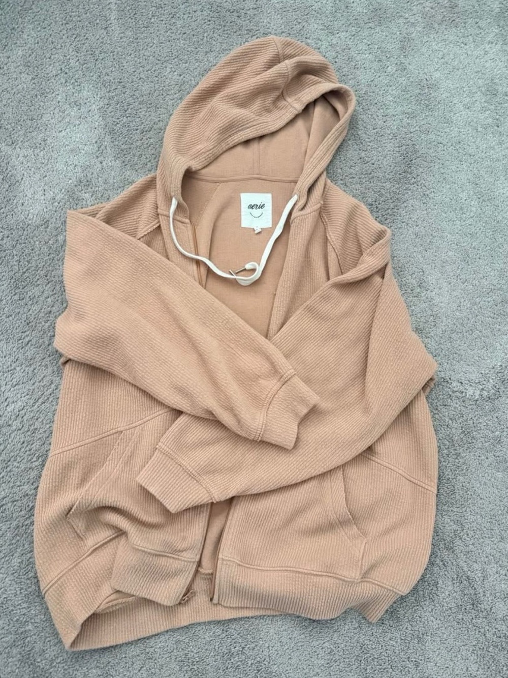 aerie Waffle-Knit Zip Hoodie in Light Tan